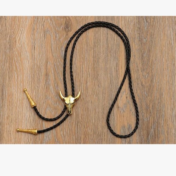Golden Skull Western Bolo Tie Hat Necklace Accessory - Picture 4 of 5